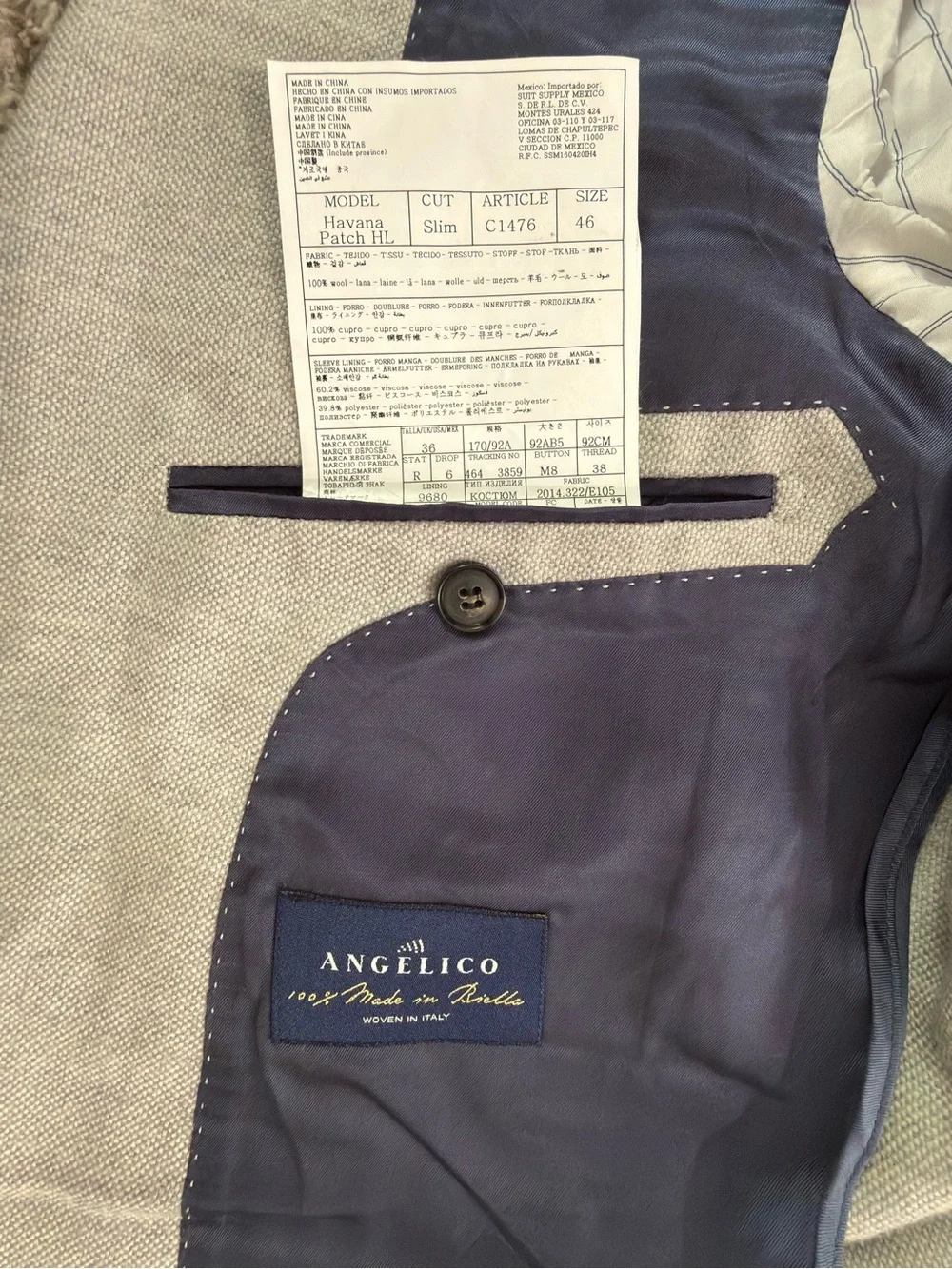 Suitsupply Light Grey Havana Patch HL Wool Sport Coat Size 36R  Angelico Fabric